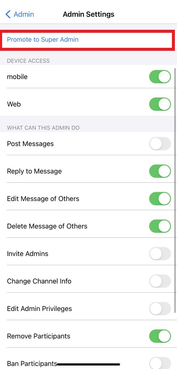 admin settings promote to super admin