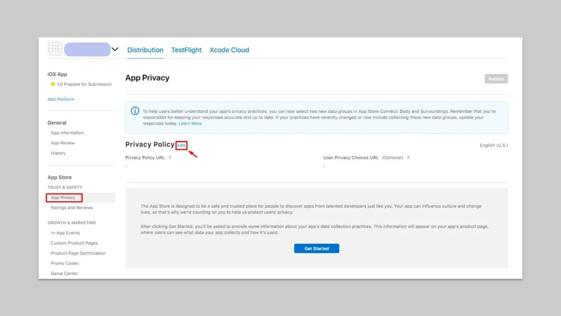 From-the-left-menu,-go-to-the-‘App-Privacy’-section-and-click-‘Edit